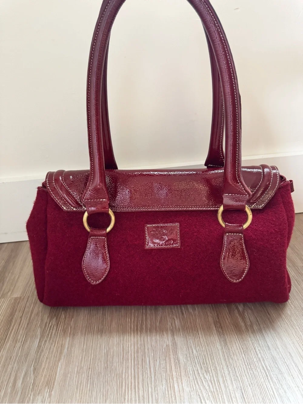 Sofia C. Made in Italy Burgundy Wool Patent Leather Satchel Handbag purse